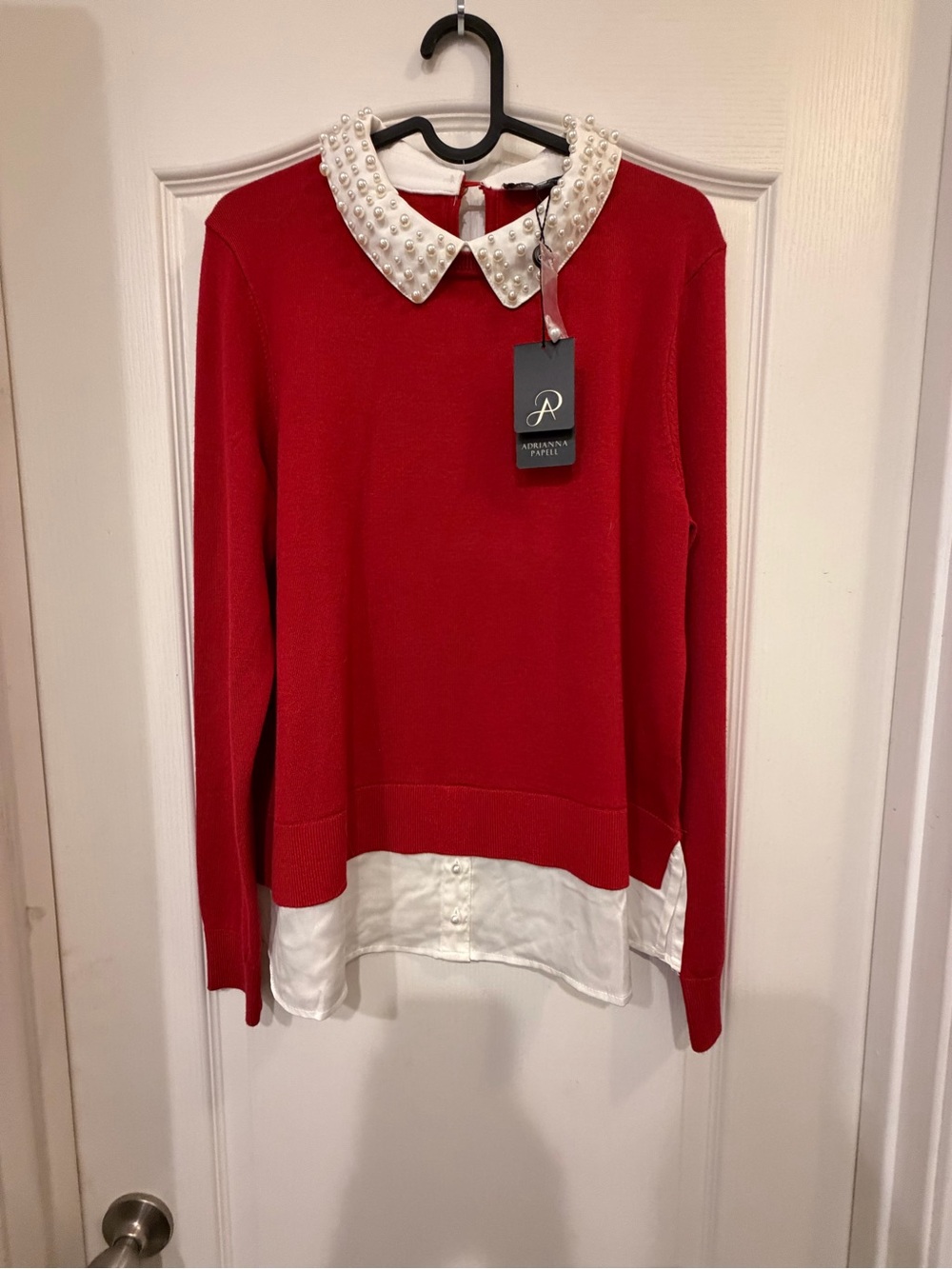 Title: NWT Adrianna Papell Haute Red Pearl Collar Layered Sweater M